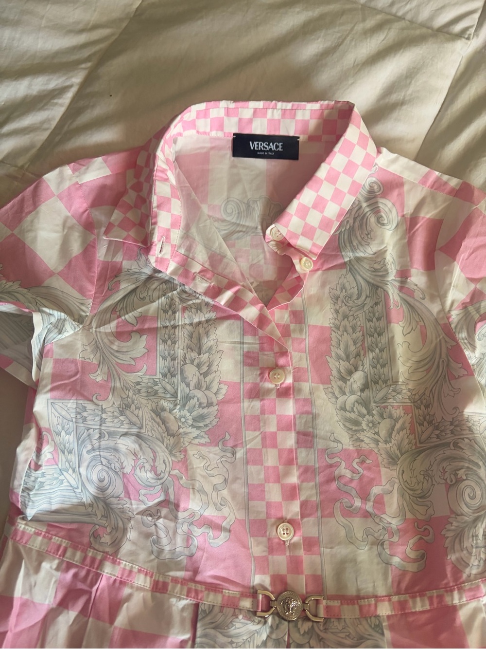 Versace Pink and White Checkerboard Baroque Button-Up Shirt